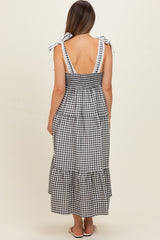 Black Gingham Lace Trim Shoulder Tie Maternity Maxi Dress