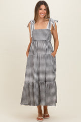 Black Gingham Lace Trim Shoulder Tie Maternity Maxi Dress