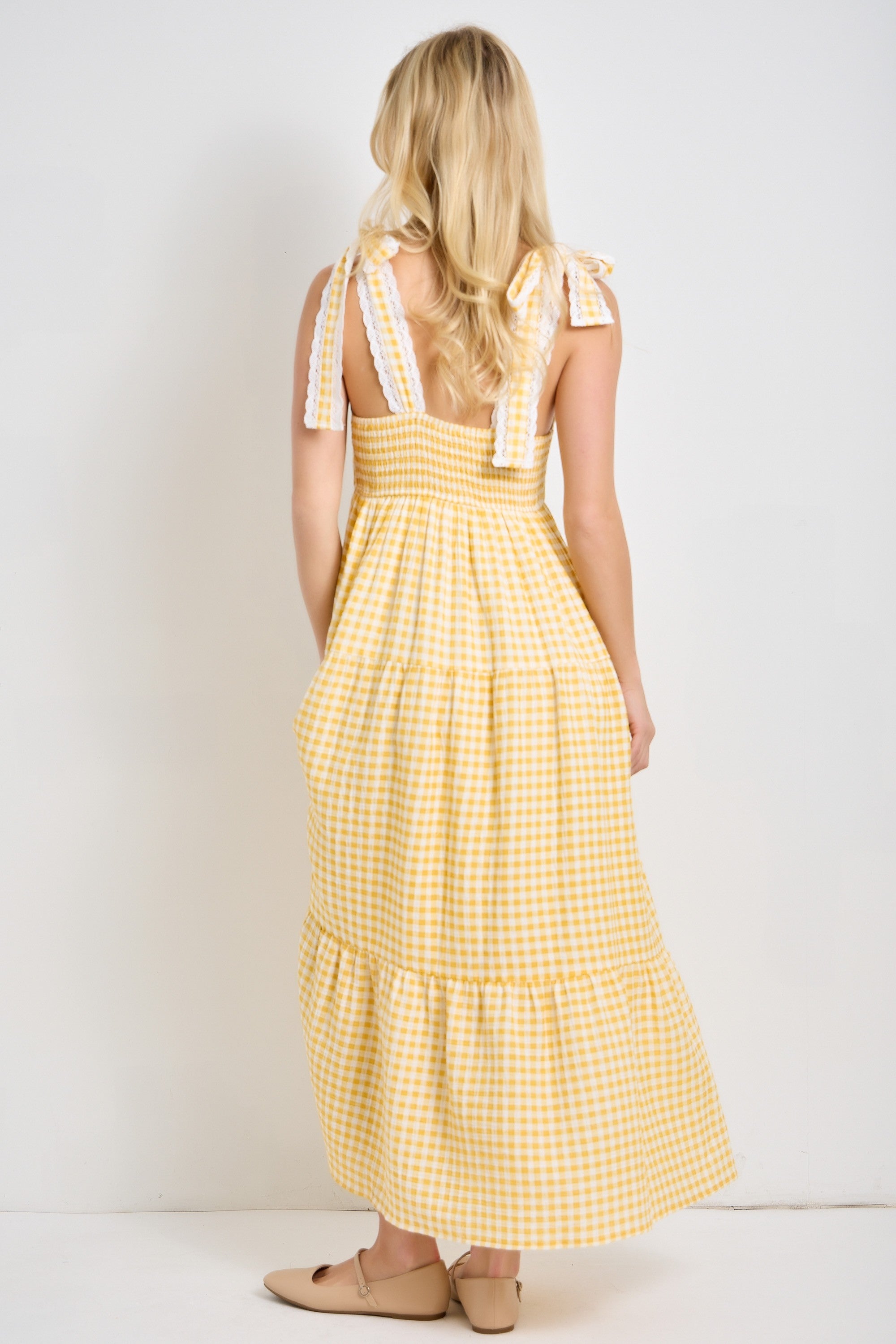 Yellow Gingham Lace Trim Shoulder Tie Maxi Dress