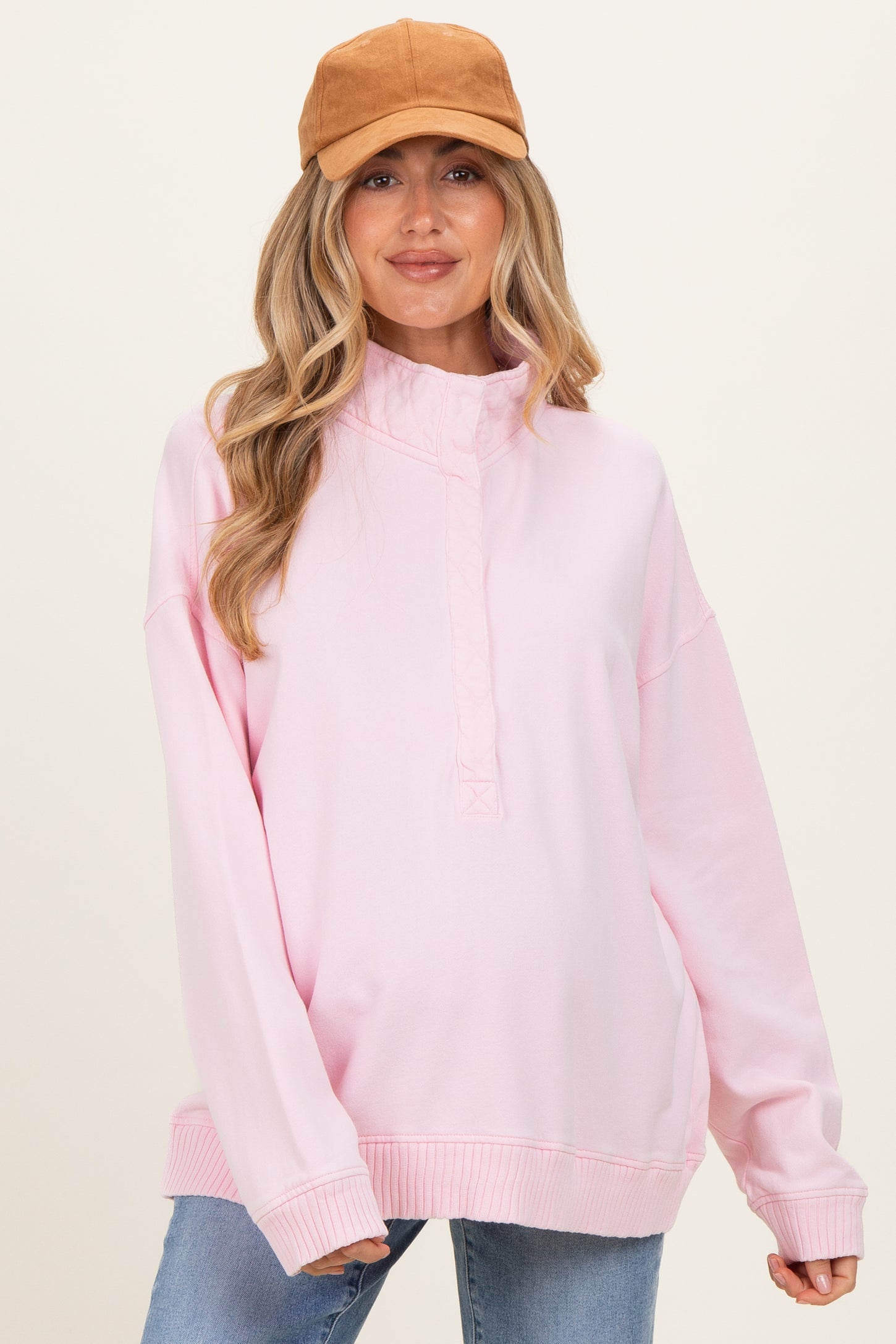Light Pink Snap Collar Oversized Maternity Sweatshirt