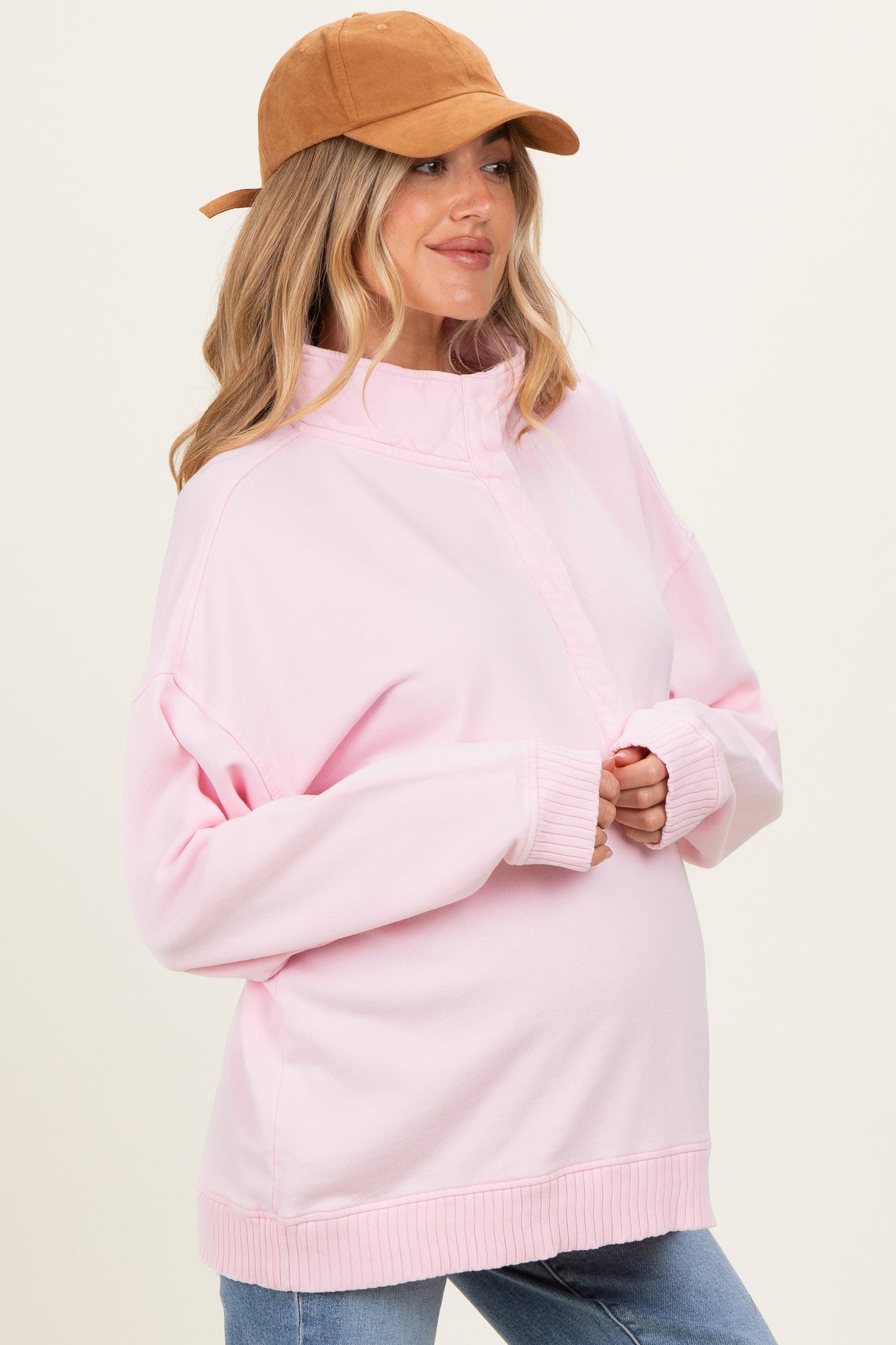 Light Pink Snap Collar Oversized Maternity Sweatshirt