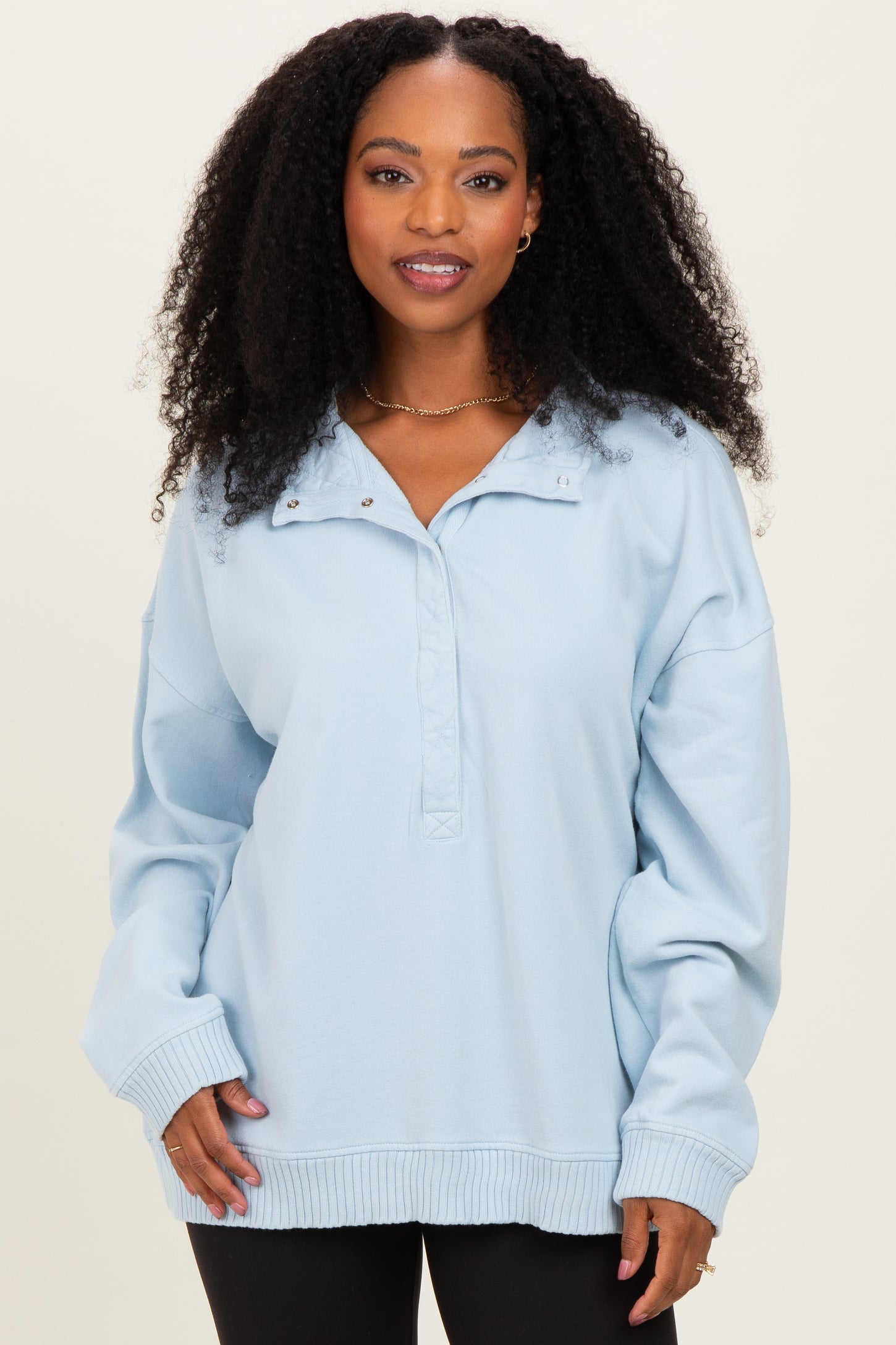 Light Blue Snap Collar Oversized Maternity Sweatshirt