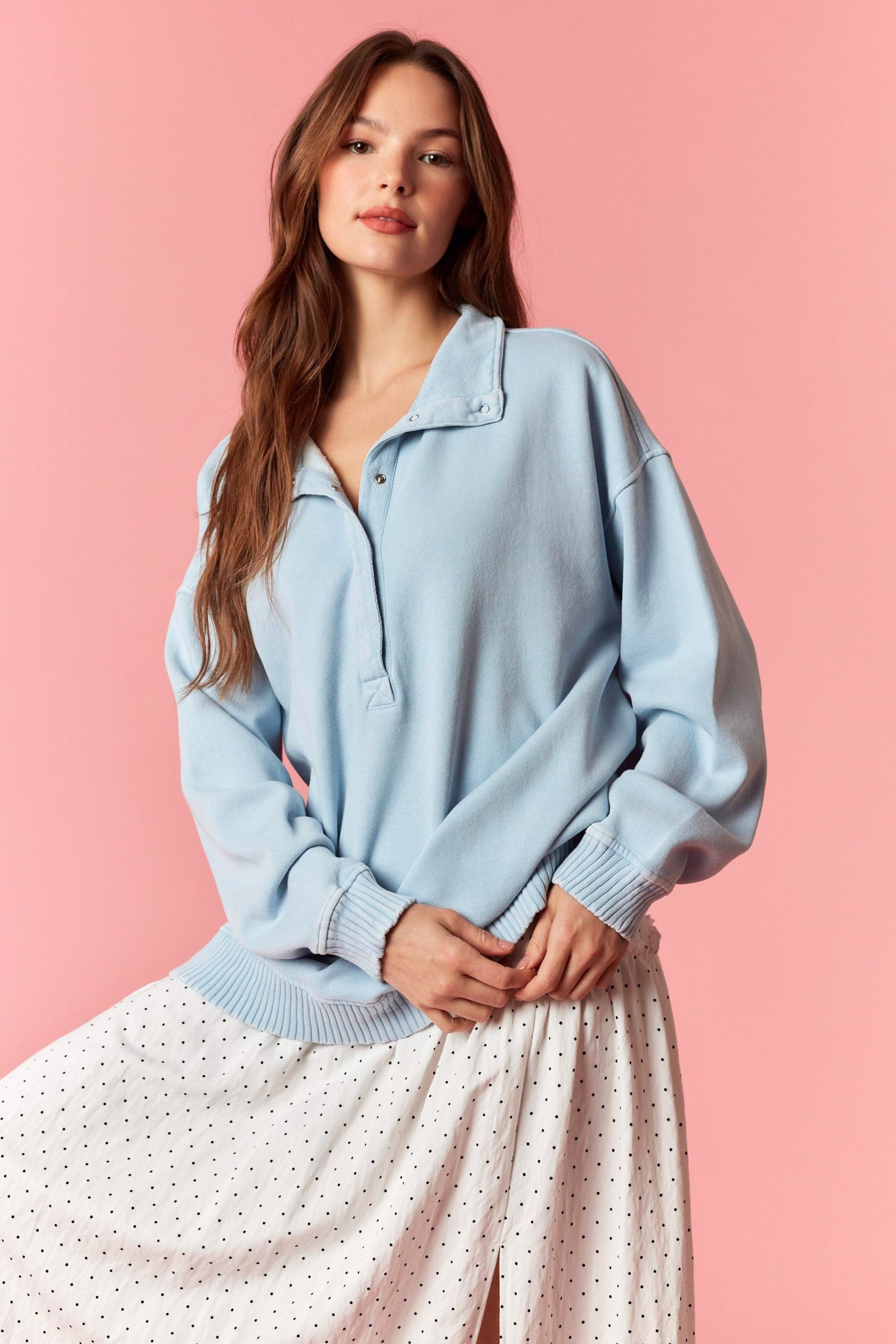 Light Blue Snap Collar Oversized Sweatshirt