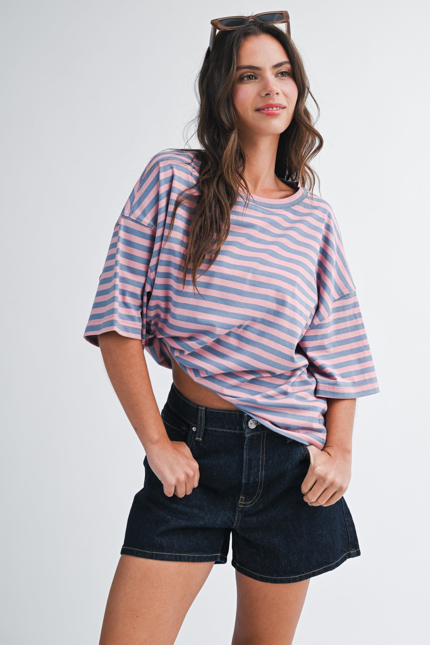 Rose Pink Oversized Striped Boyfriend Tee