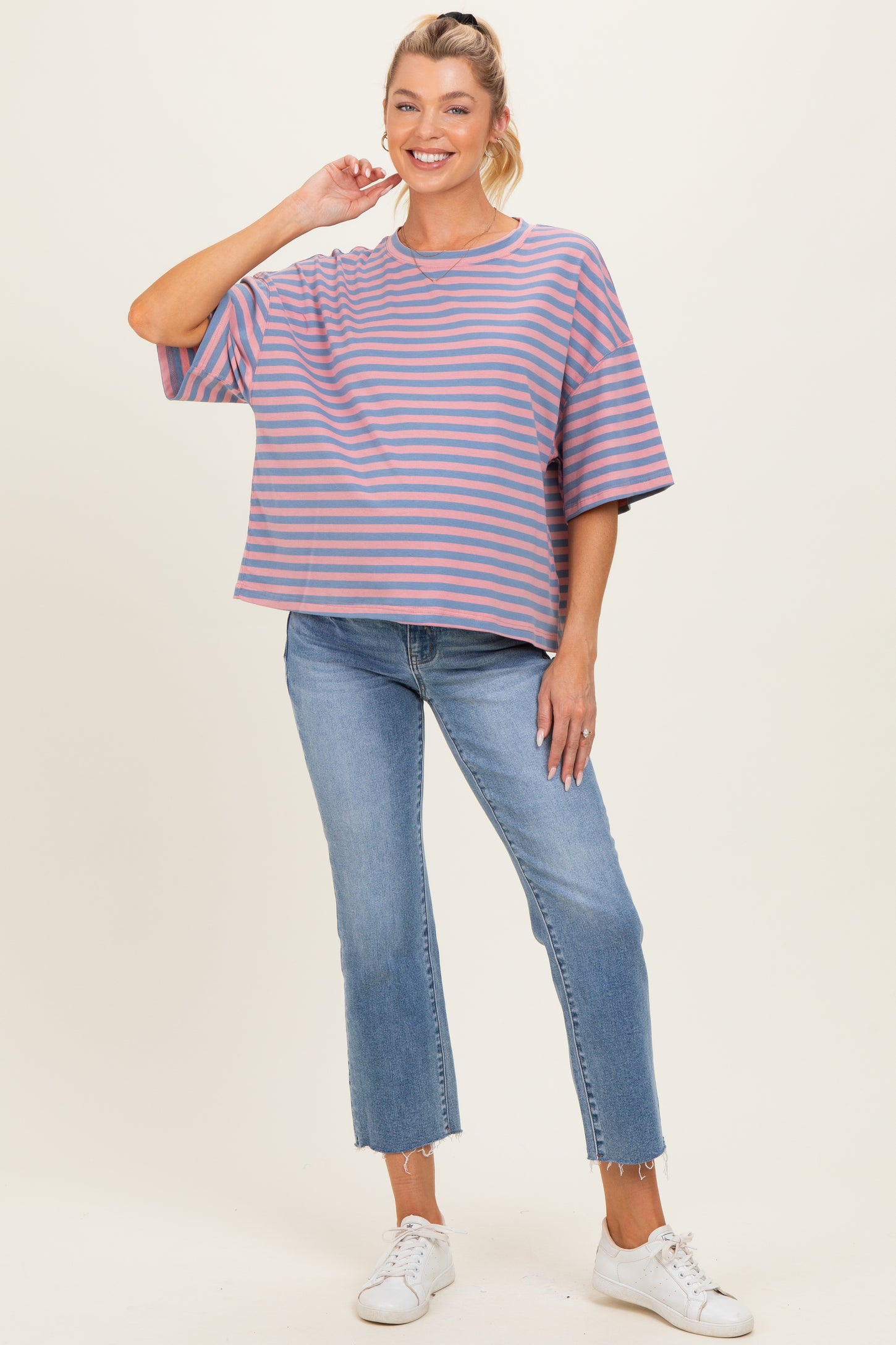 Rose Pink Oversized Striped Maternity Boyfriend Tee