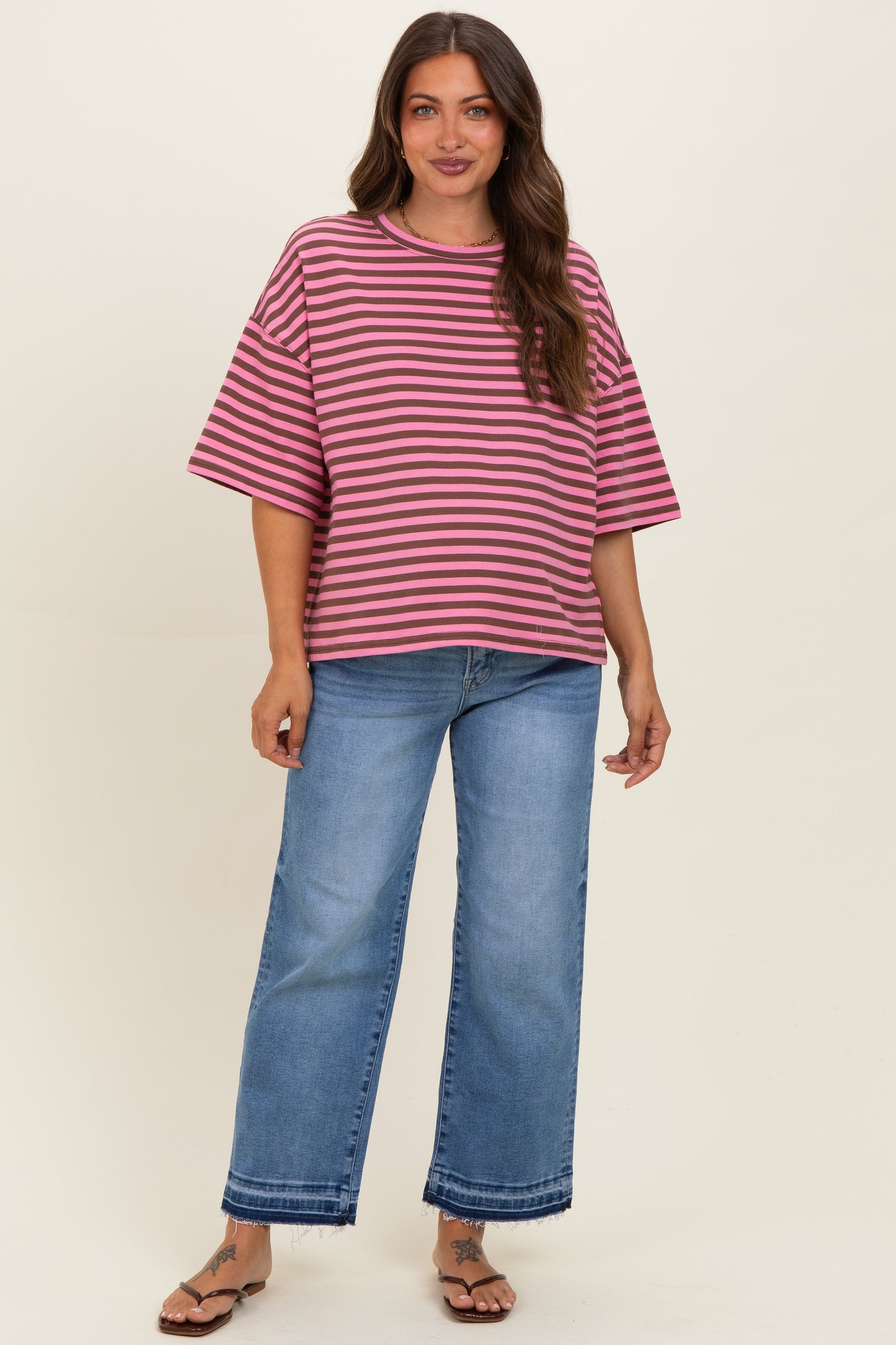 Chocolate Oversized Striped Maternity Boyfriend Tee