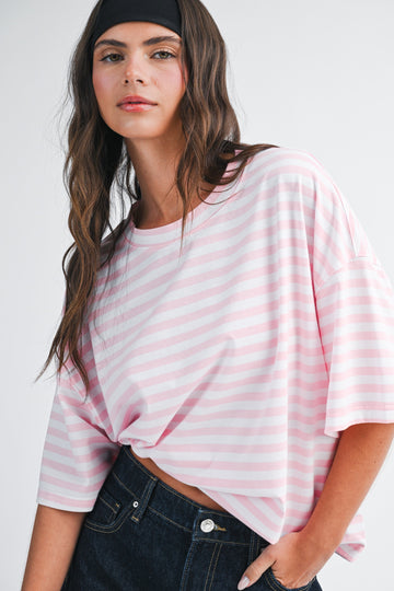 Light Pink Oversized Striped Boyfriend Tee