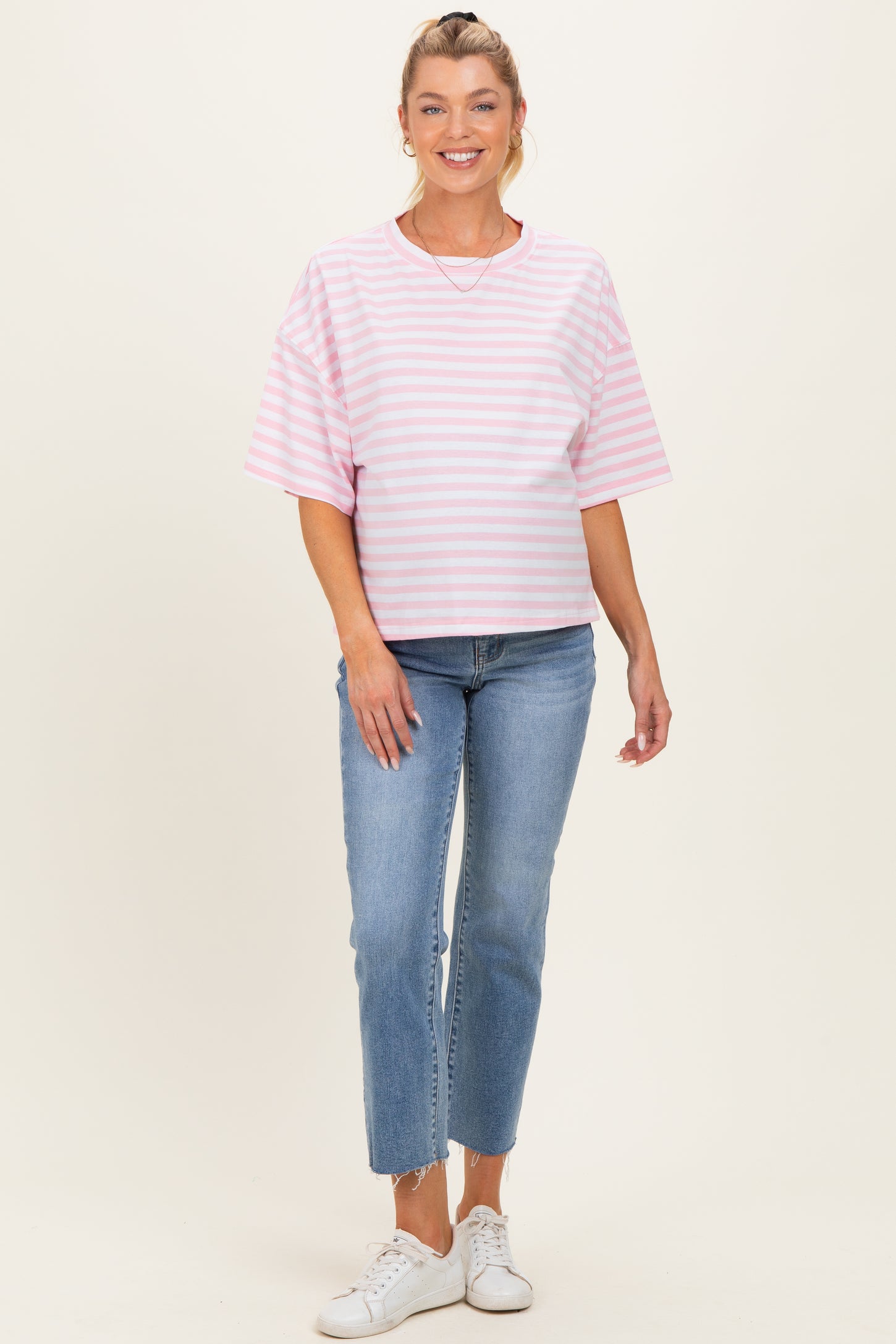 Light Pink Oversized Striped Maternity Boyfriend Tee
