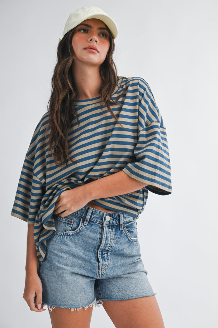 Tan Oversized Striped Maternity Boyfriend Tee