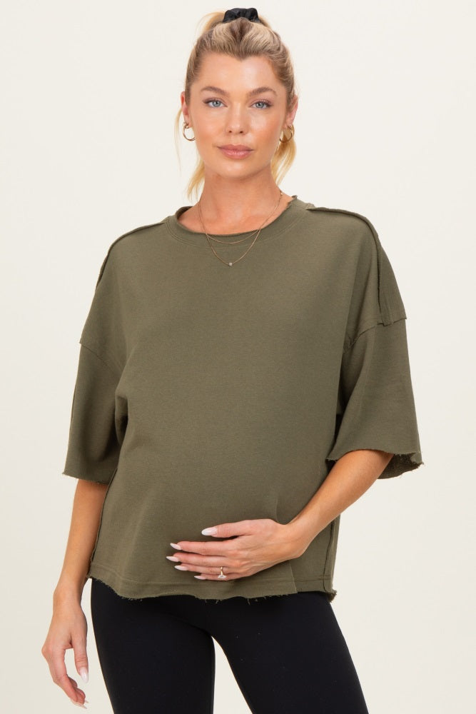 Olive Raw Cut Edge Maternity Boxy Tee