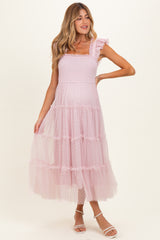 Light Pink Smocked Polka Dot Tulle Maternity Midi Dress