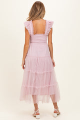 Light Pink Smocked Polka Dot Tulle Maternity Midi Dress