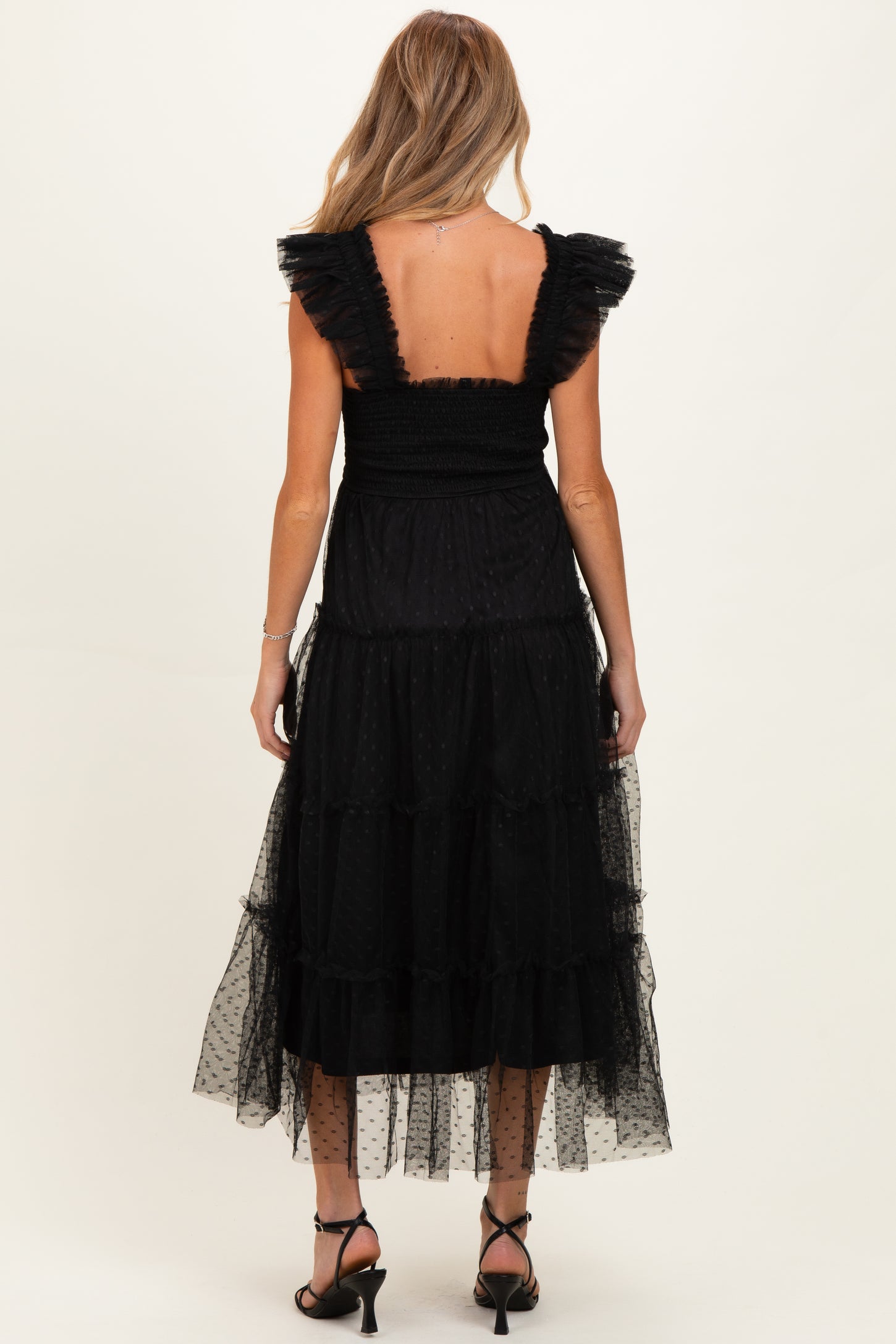 Black Smocked Polka Dot Tulle Maternity Midi Dress