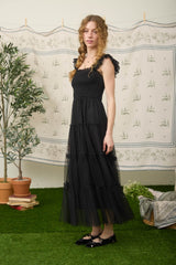 Black Smocked Polka Dot Tulle Midi Dress