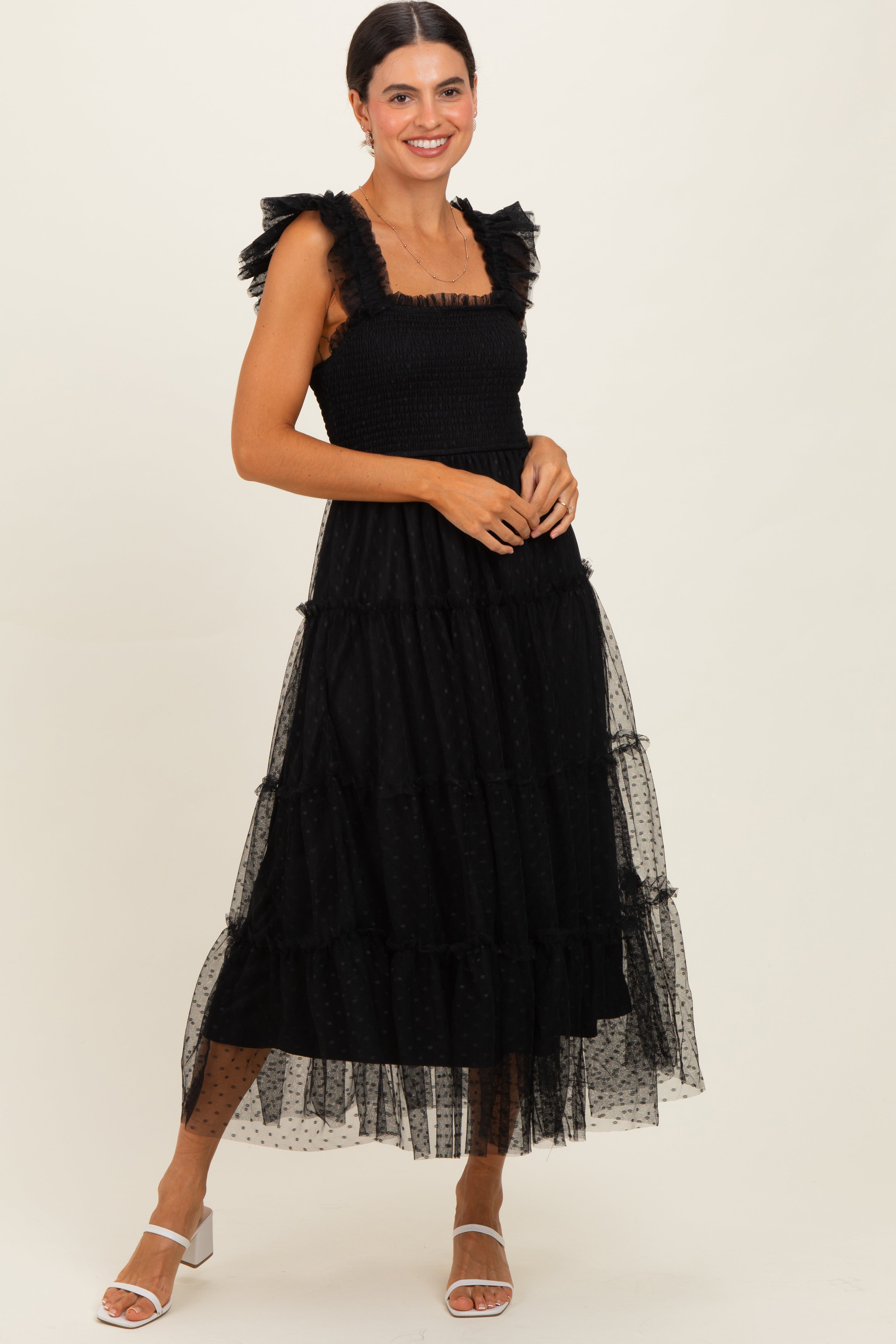 Black Smocked Polka Dot Tulle Maternity Midi Dress – PinkBlush