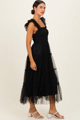 Black Smocked Polka Dot Tulle Midi Dress