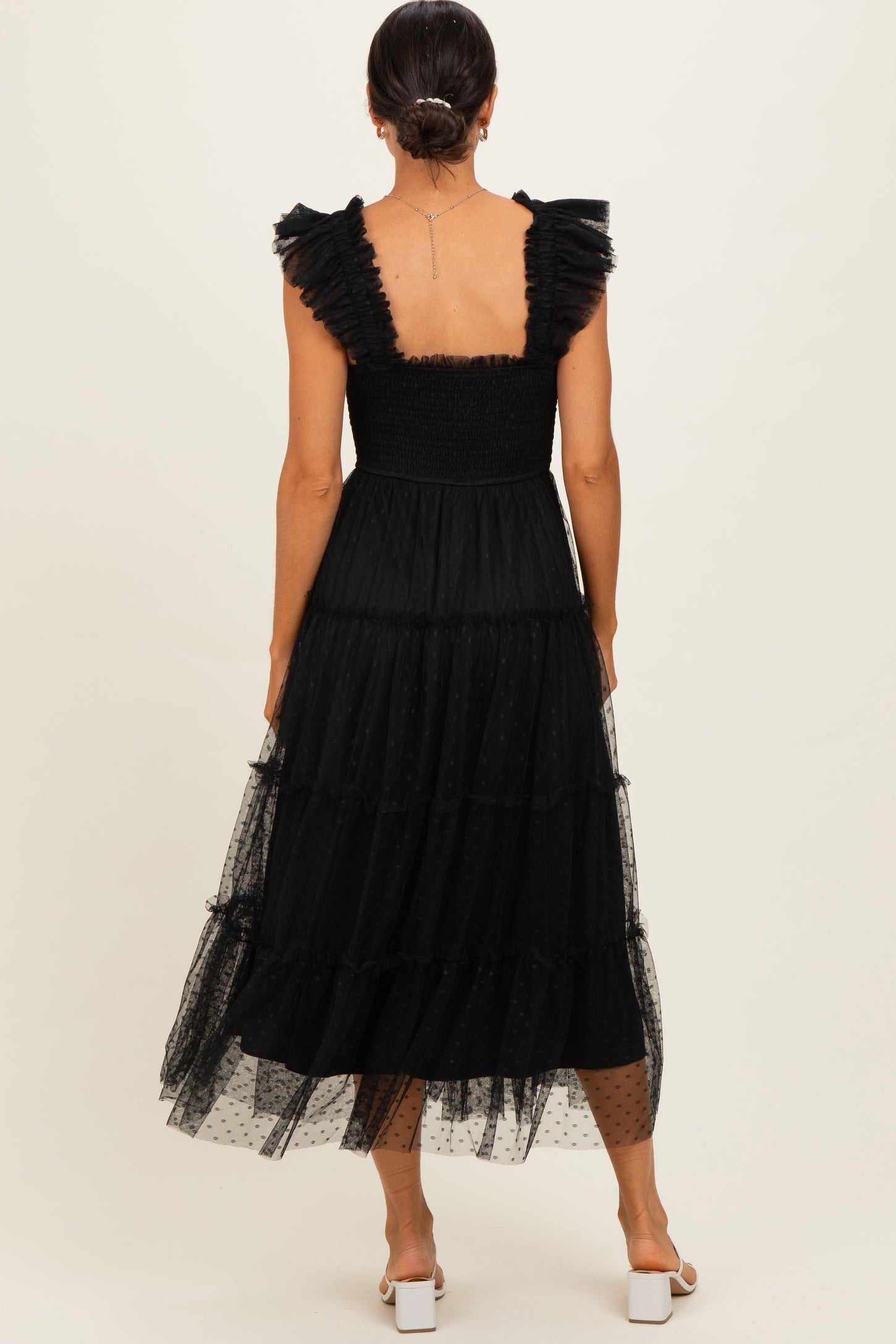 Black Smocked Polka Dot Tulle Midi Dress