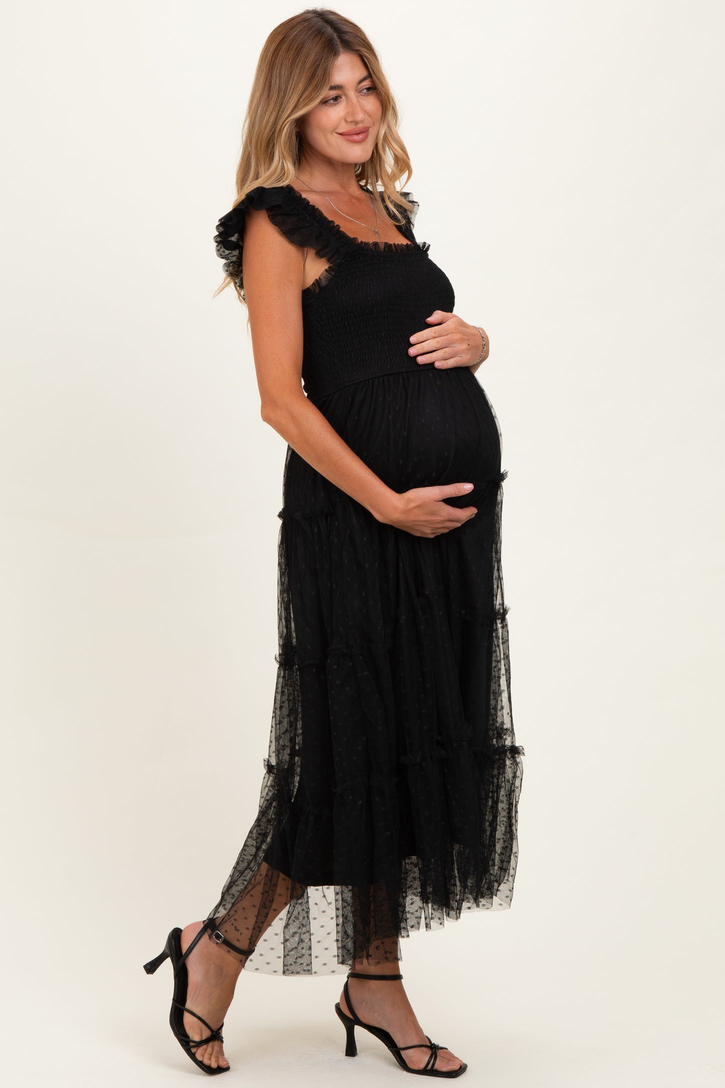 Black Smocked Polka Dot Tulle Maternity Midi Dress