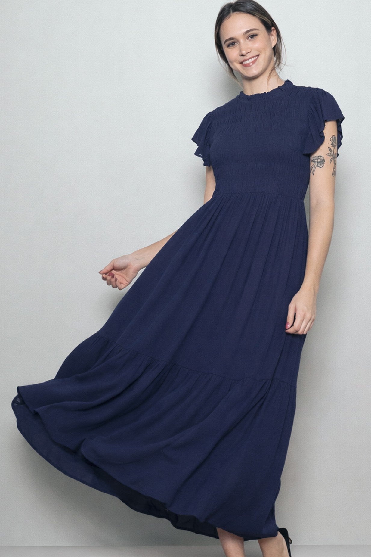 smocked maxi dress short sleeve Midnight Mock Neck Flutter to for timeless style City Triangle Womens Juniors Colors:Hot Pink member:49808417849512:4640
