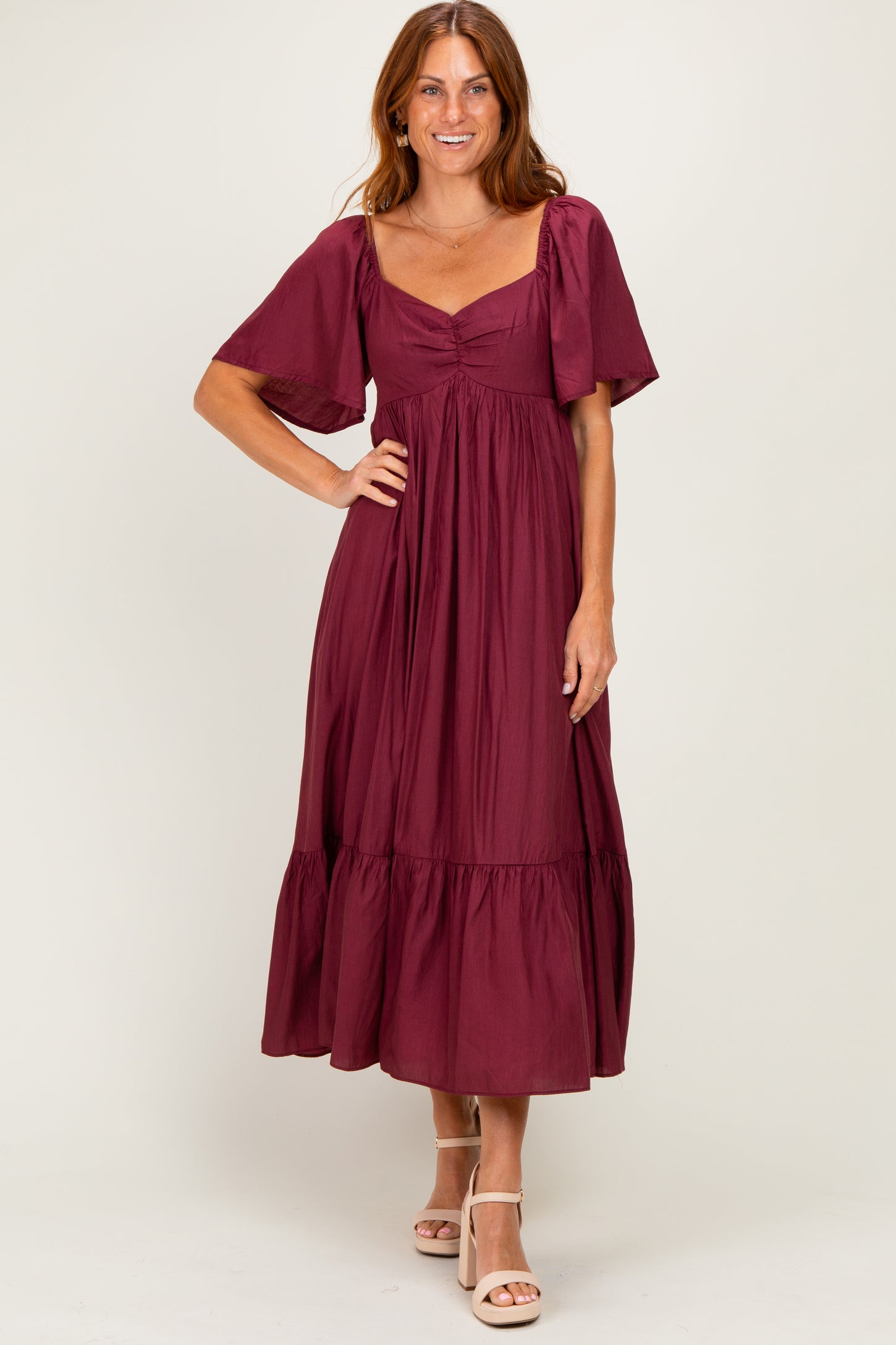 burgundy flutter sleeve dress Primavera Couture 13184