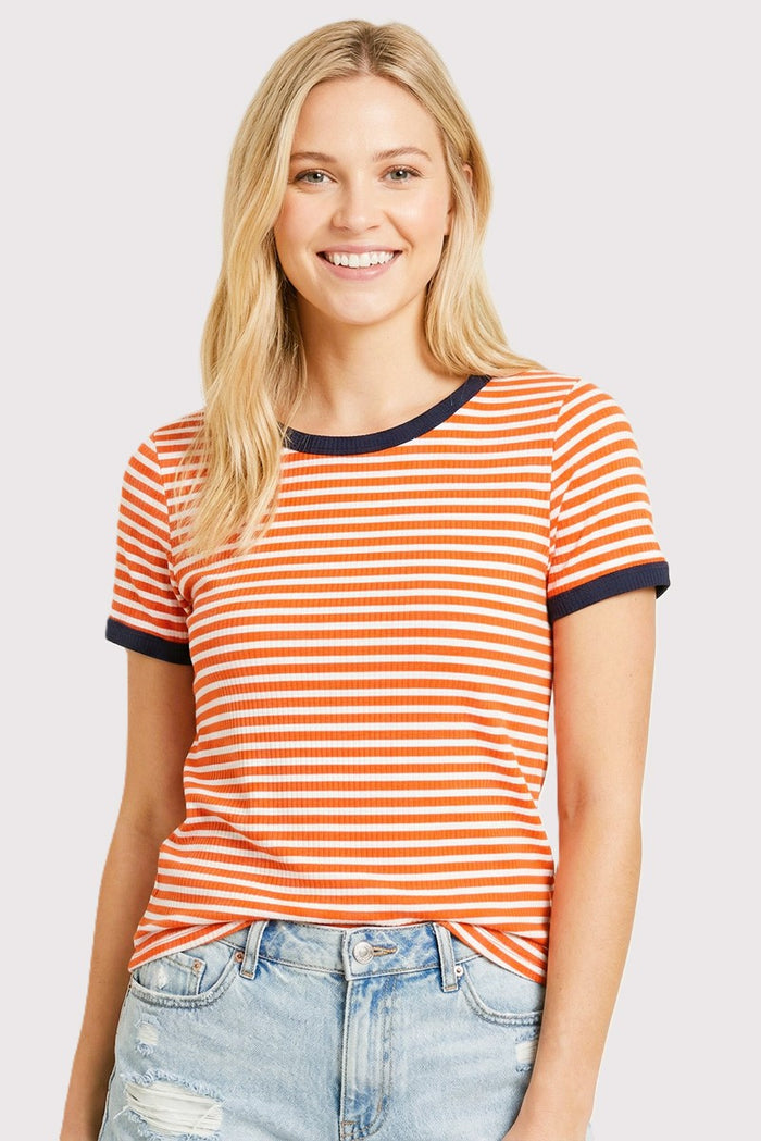 Orange Striped Short Sleeve Maternity Top
