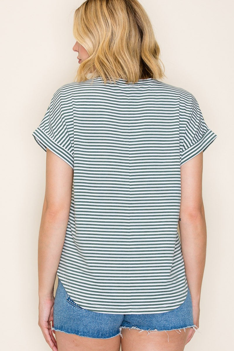 Green Striped Short Sleeve Top