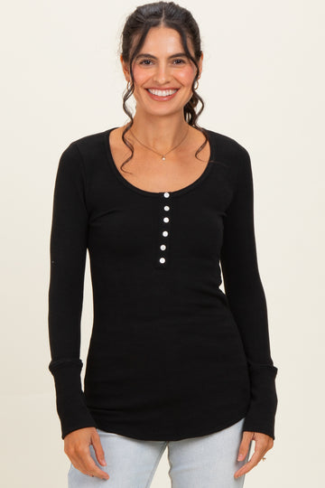 Black Ribbed Henley Top