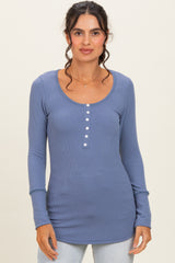 Denim Blue Ribbed Henley Top