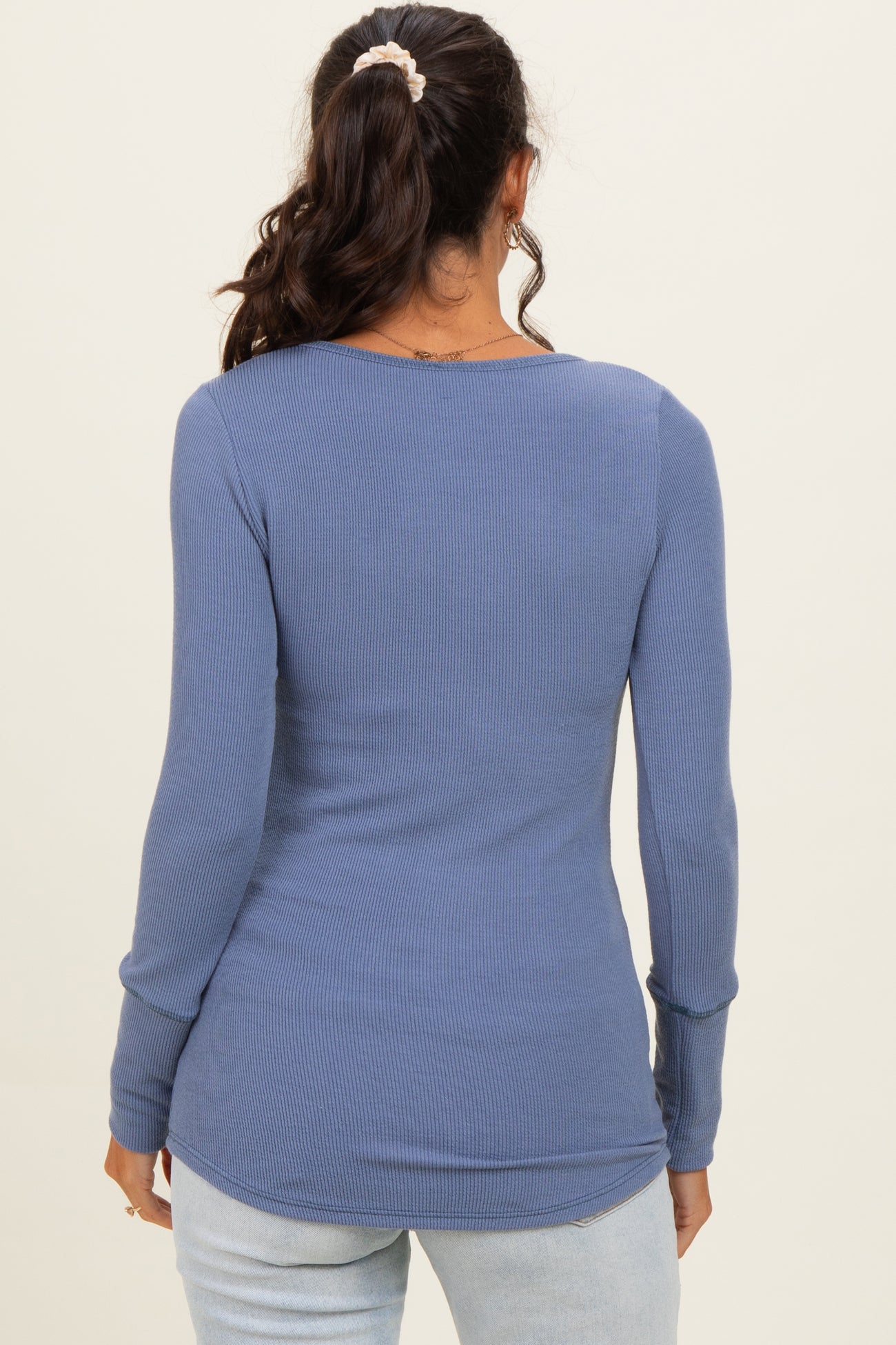 Denim Blue Ribbed Henley Top