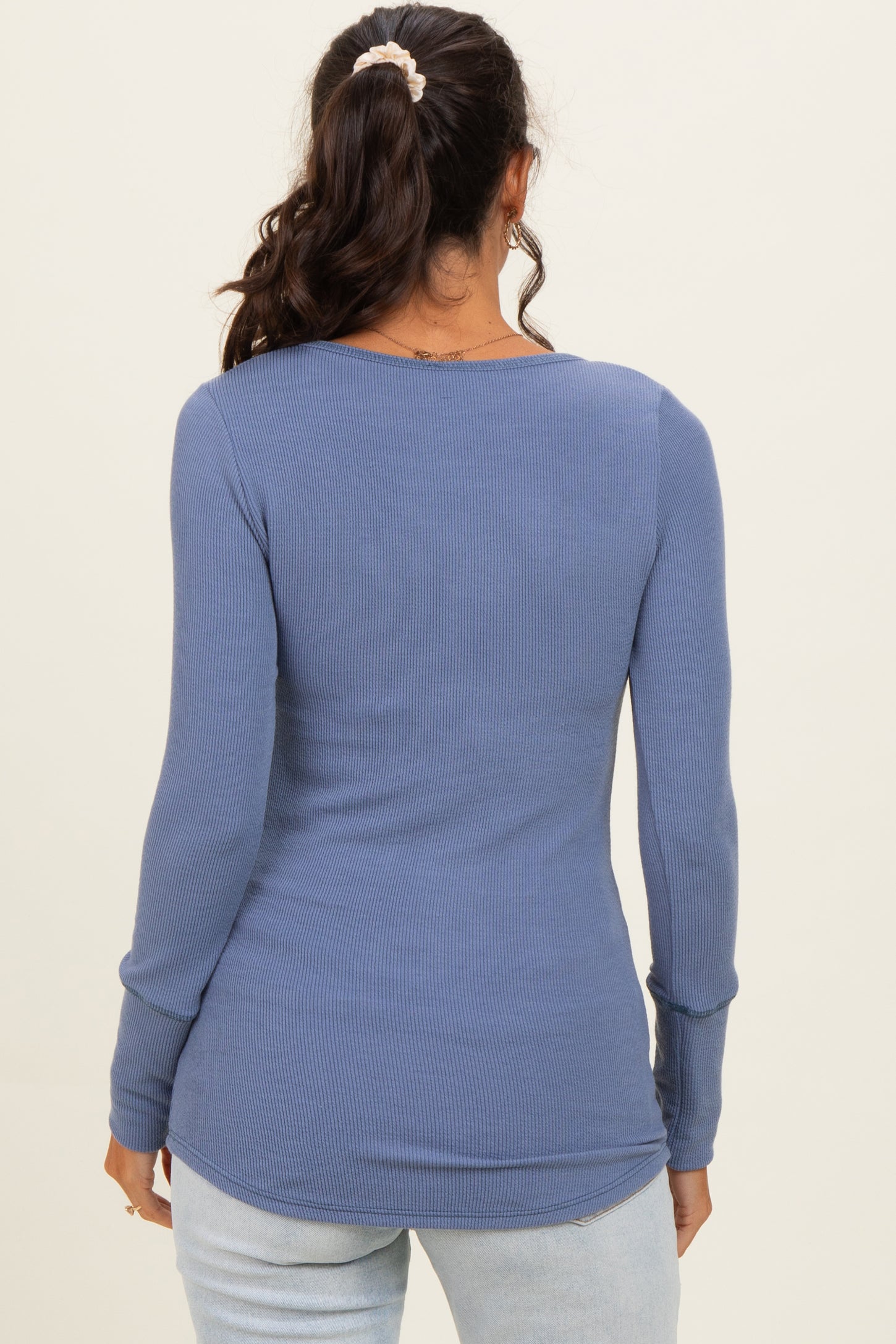 Denim Blue Ribbed Henley Top