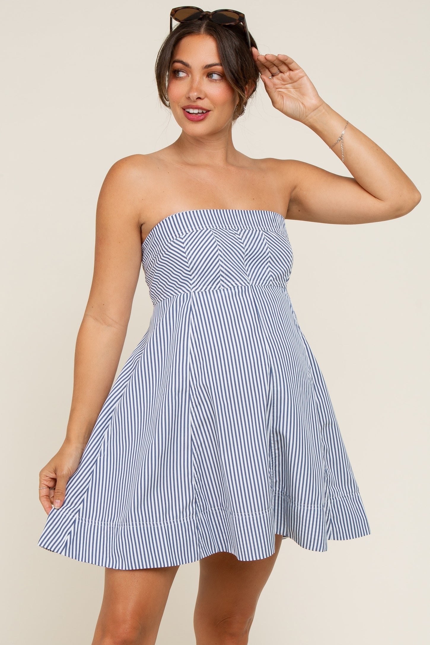 a line maternity dress Navy Striped Strapless A-Line Maternity Dress