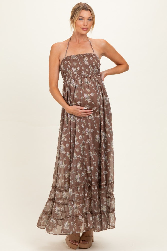 Brown Floral Smocked Open Back Maternity Maxi Dress – PinkBlush