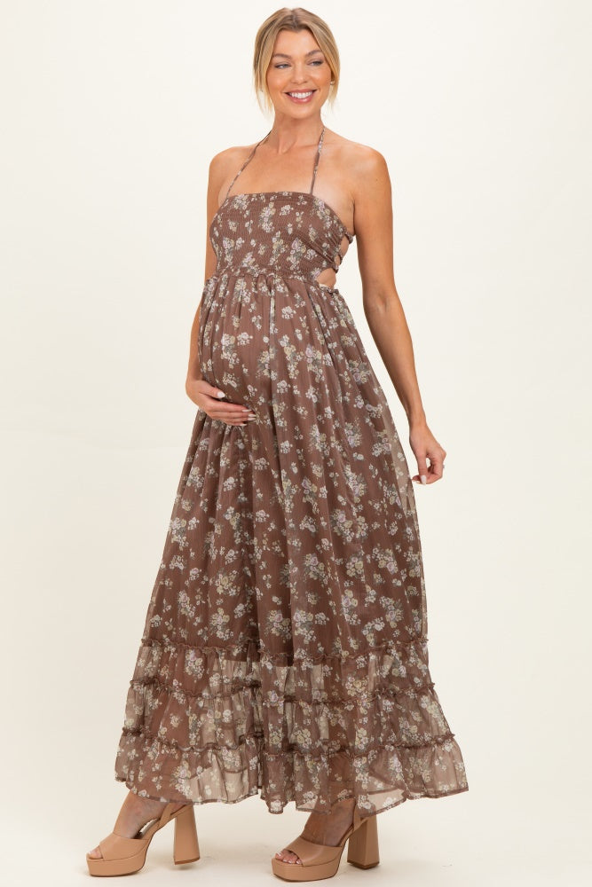 Brown Floral Smocked Open Back Maternity Maxi Dress