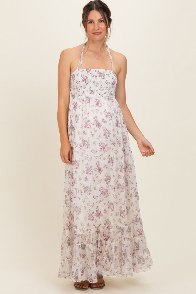 Ivory Floral Smocked Open Back Maternity Maxi Dress  PinkBlush