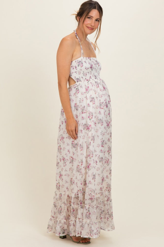 Ivory Floral Smocked Open Back Maternity Maxi Dress PinkBlush Ivory Floral Smocked Open Back Maternity Maxi Dress PinkBlush