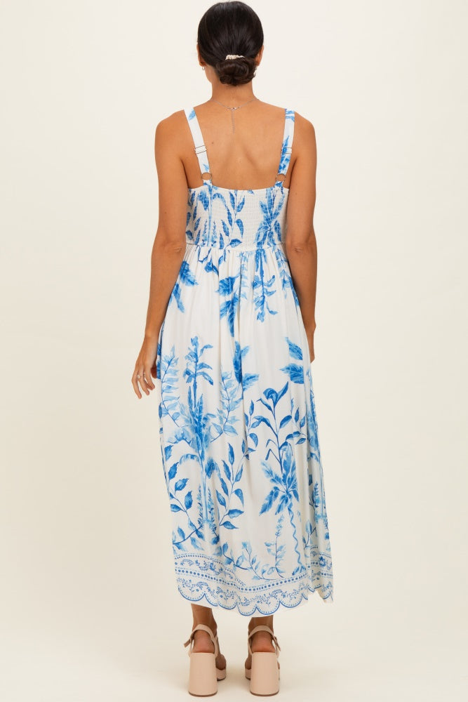 Blue Printed Scallop Detail Sleeveless Midi Dress