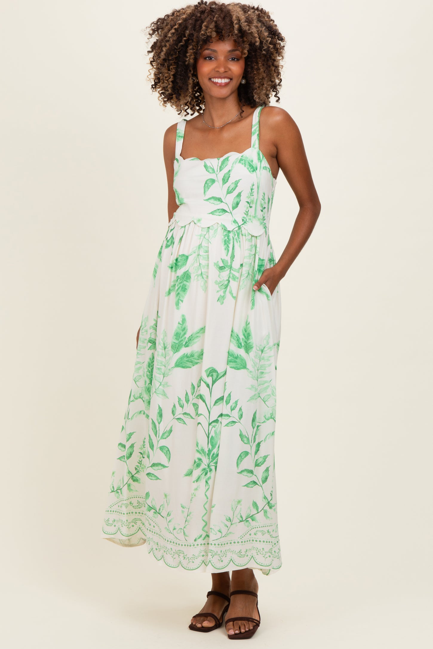 Green Printed Scallop Detail Sleeveless Maternity Midi Dress