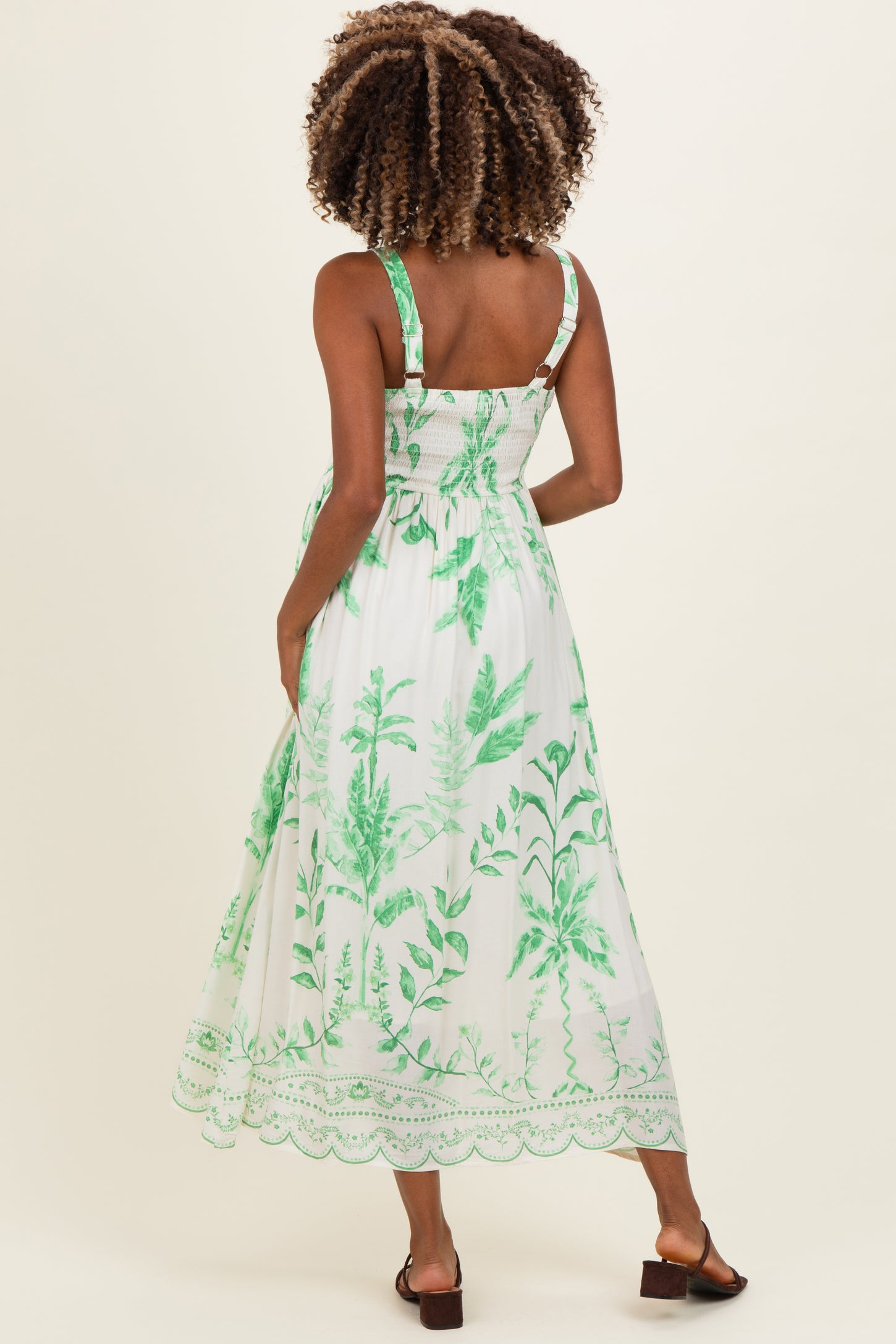 Green Printed Scallop Detail Sleeveless Maternity Midi Dress