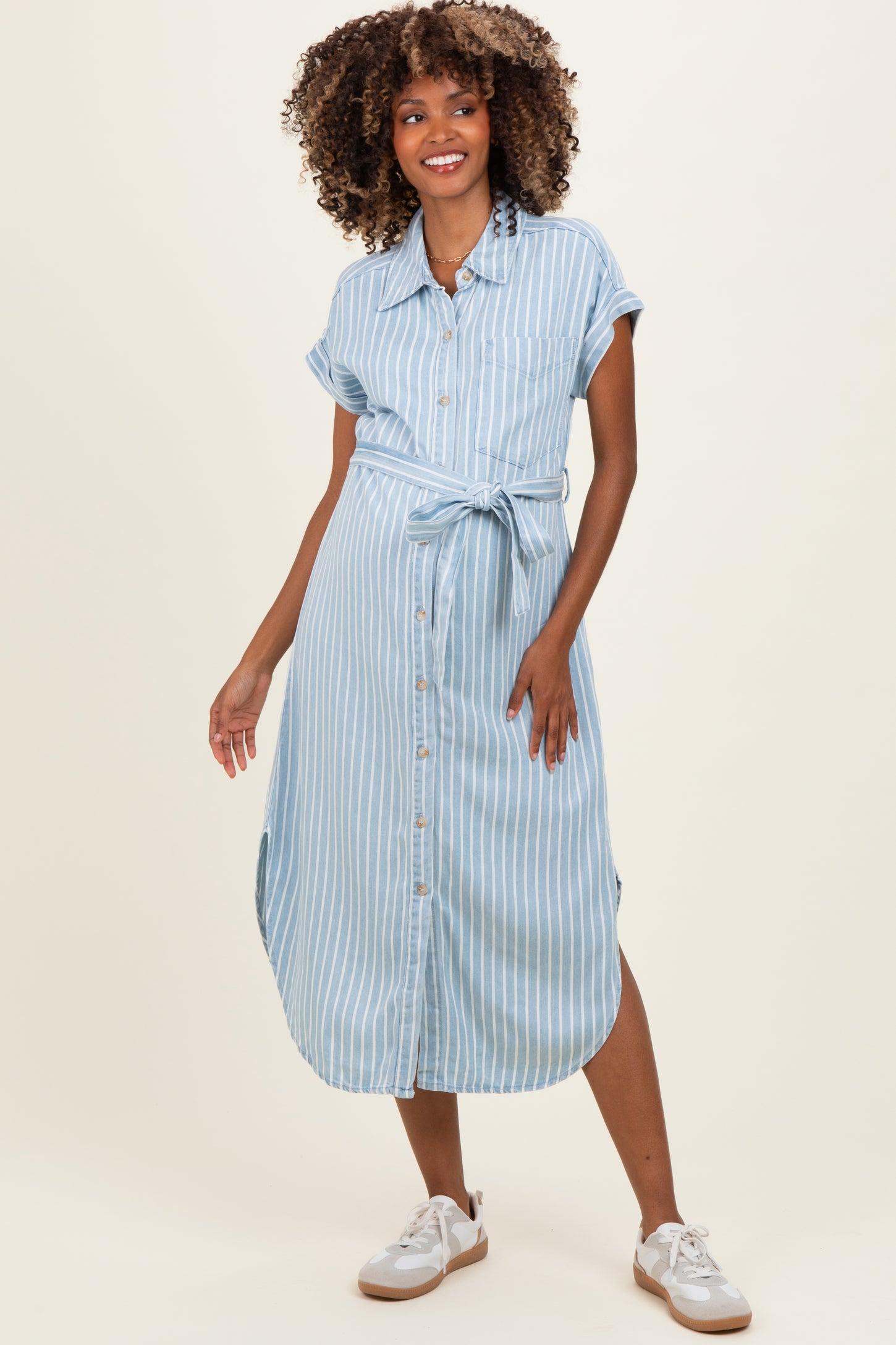 midi chambray dress Light Blue Striped Chambray Maternity Midi Shirt Dress
