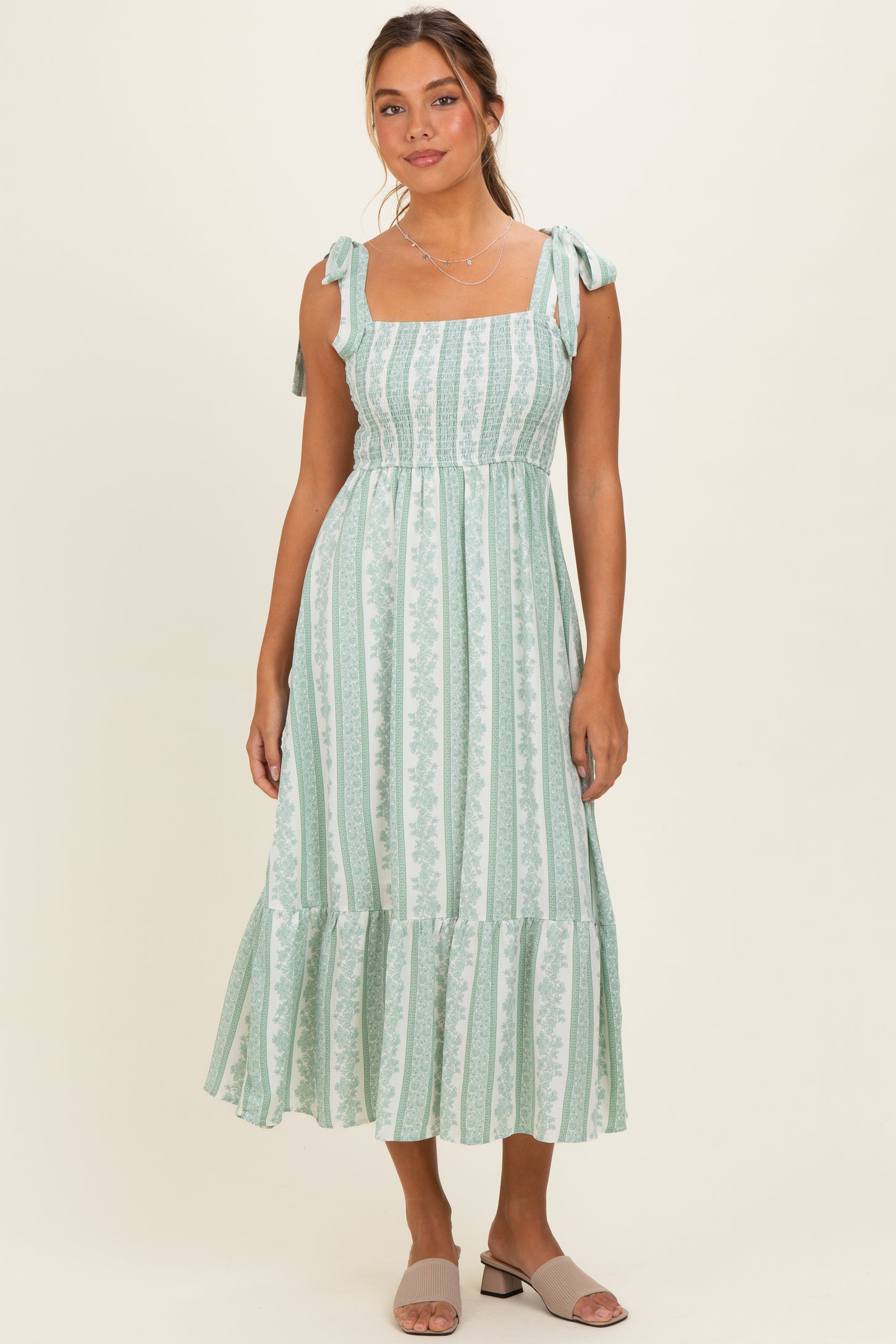 Sage Floral Stripe Smocked Shoulder Tie Midi Dress – PinkBlush