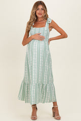 Sage Floral Stripe Smocked Shoulder Tie Maternity Midi Dress