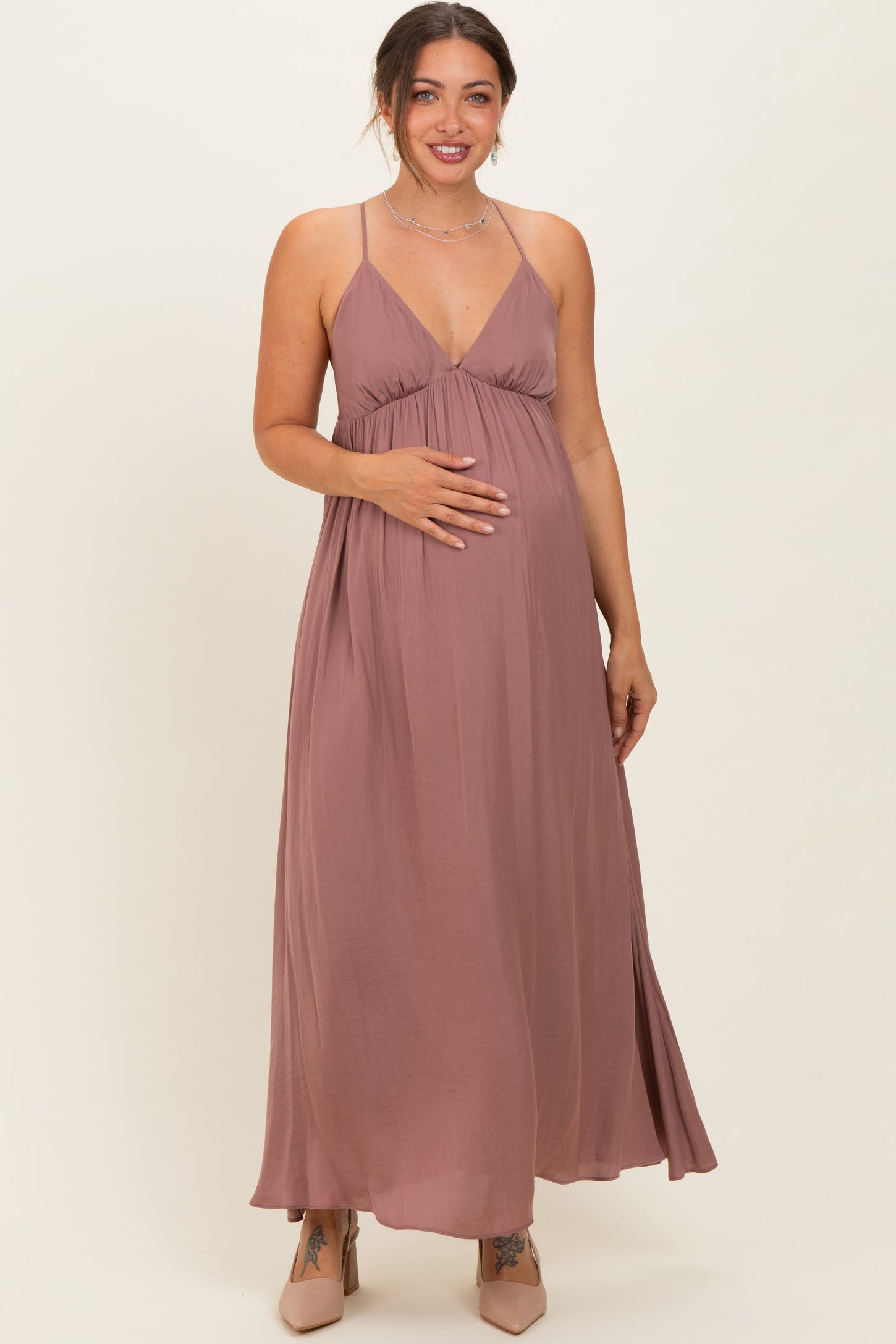 Mauve V-Neck Open Back Maternity Maxi Dress