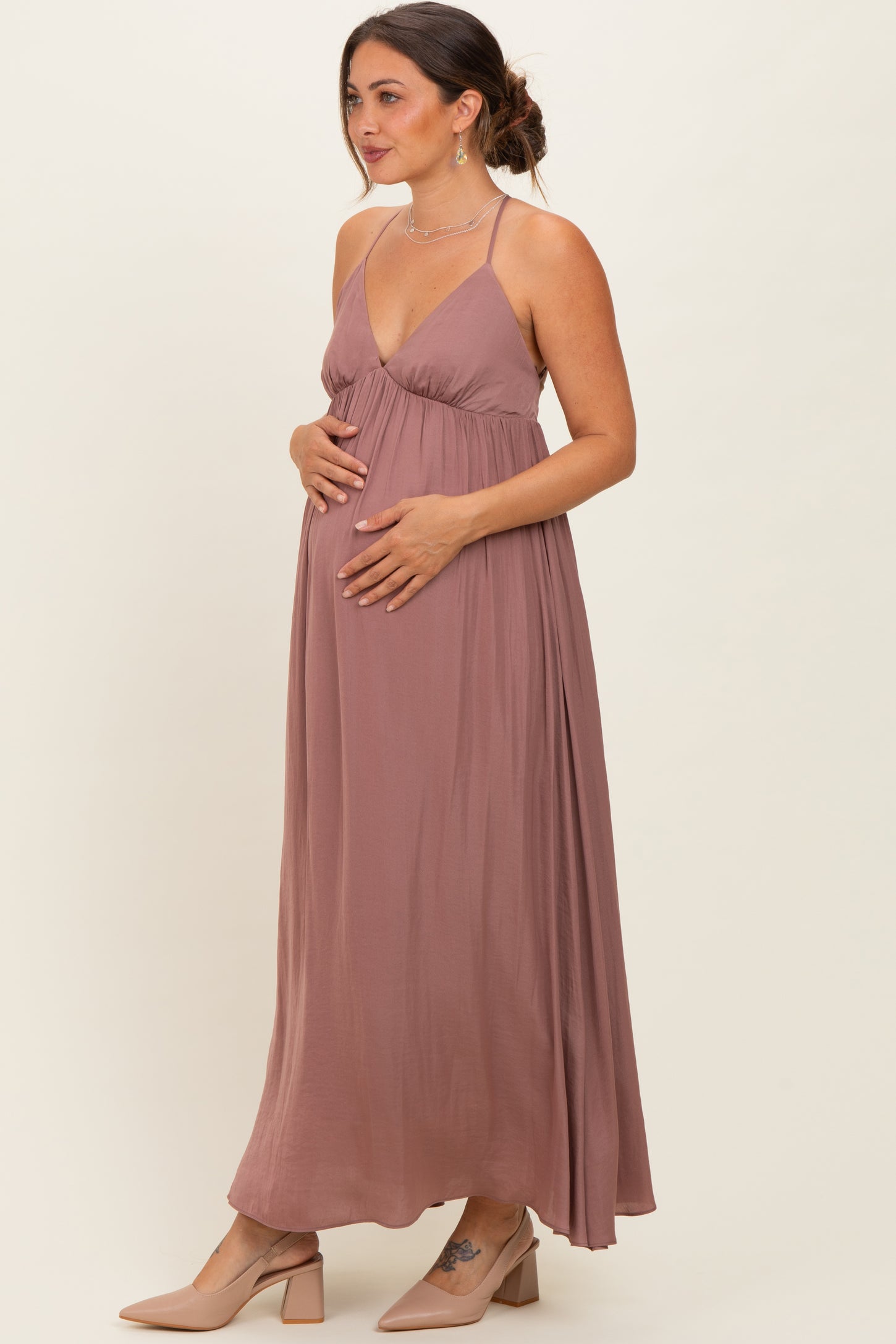 Mauve V-Neck Open Back Maternity Maxi Dress