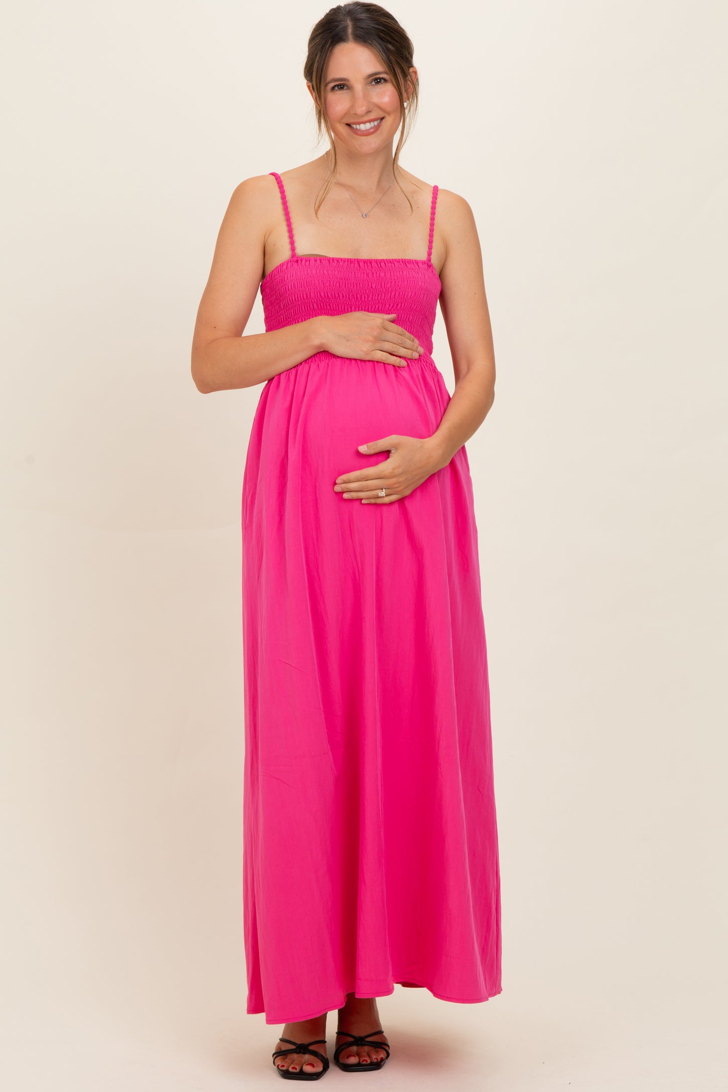 Hot Pink Pom Pom Strap Smocked Maternity Maxi Dress