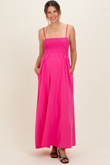 Hot Pink Pom Pom Strap Smocked Maternity Maxi Dress