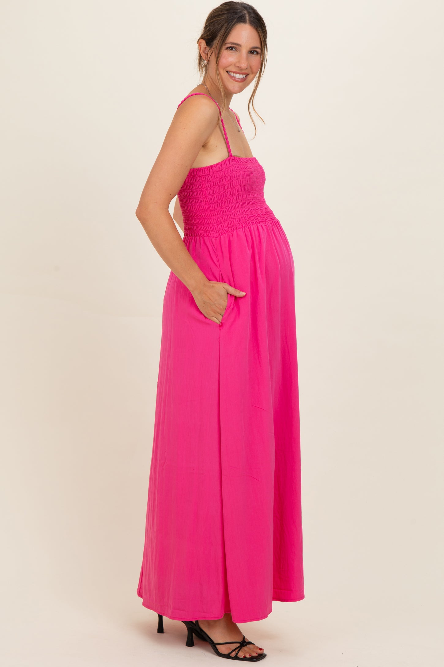 Hot Pink Pom Pom Strap Smocked Maternity Maxi Dress