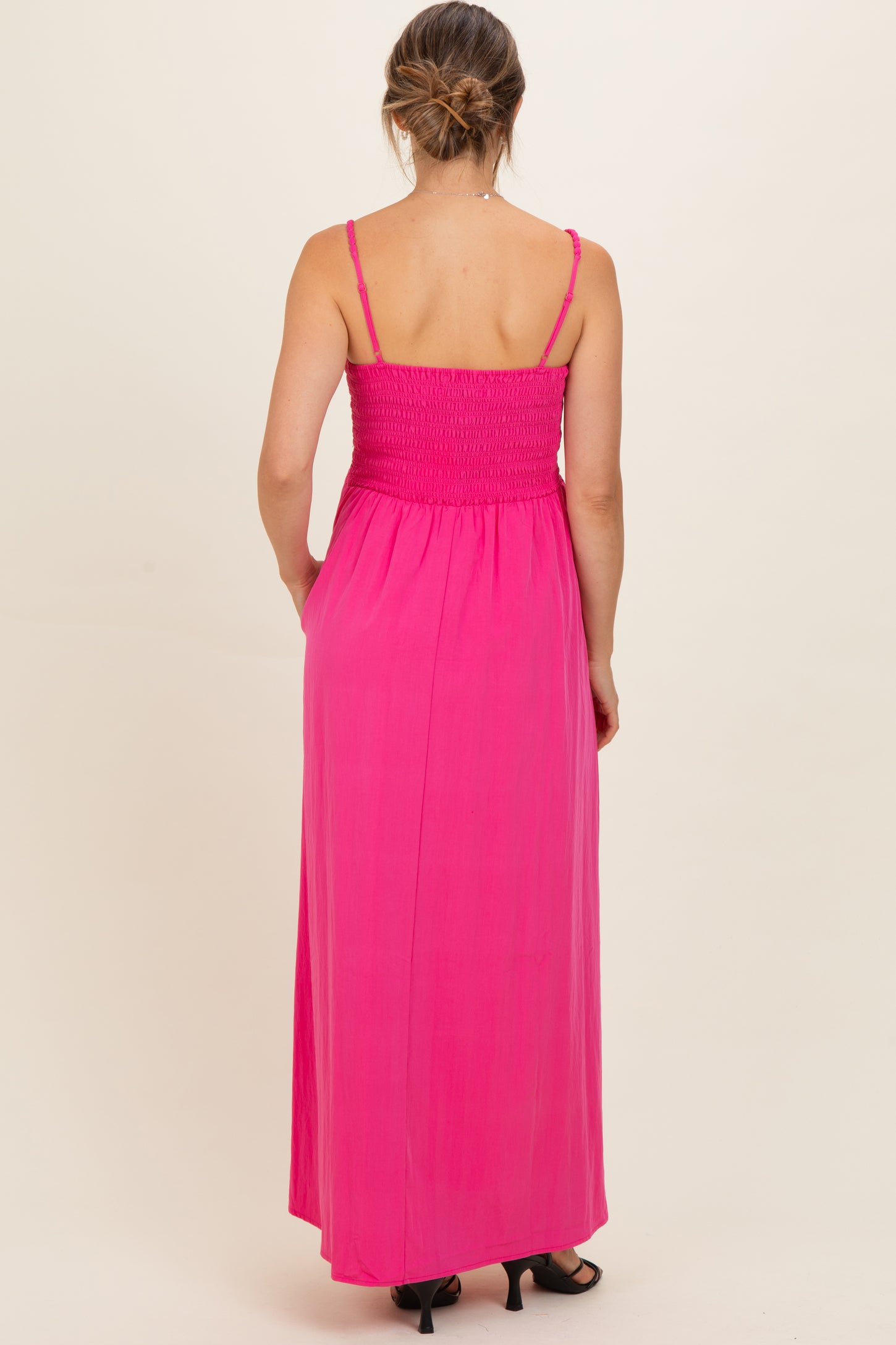Hot Pink Pom Pom Strap Smocked Maternity Maxi Dress