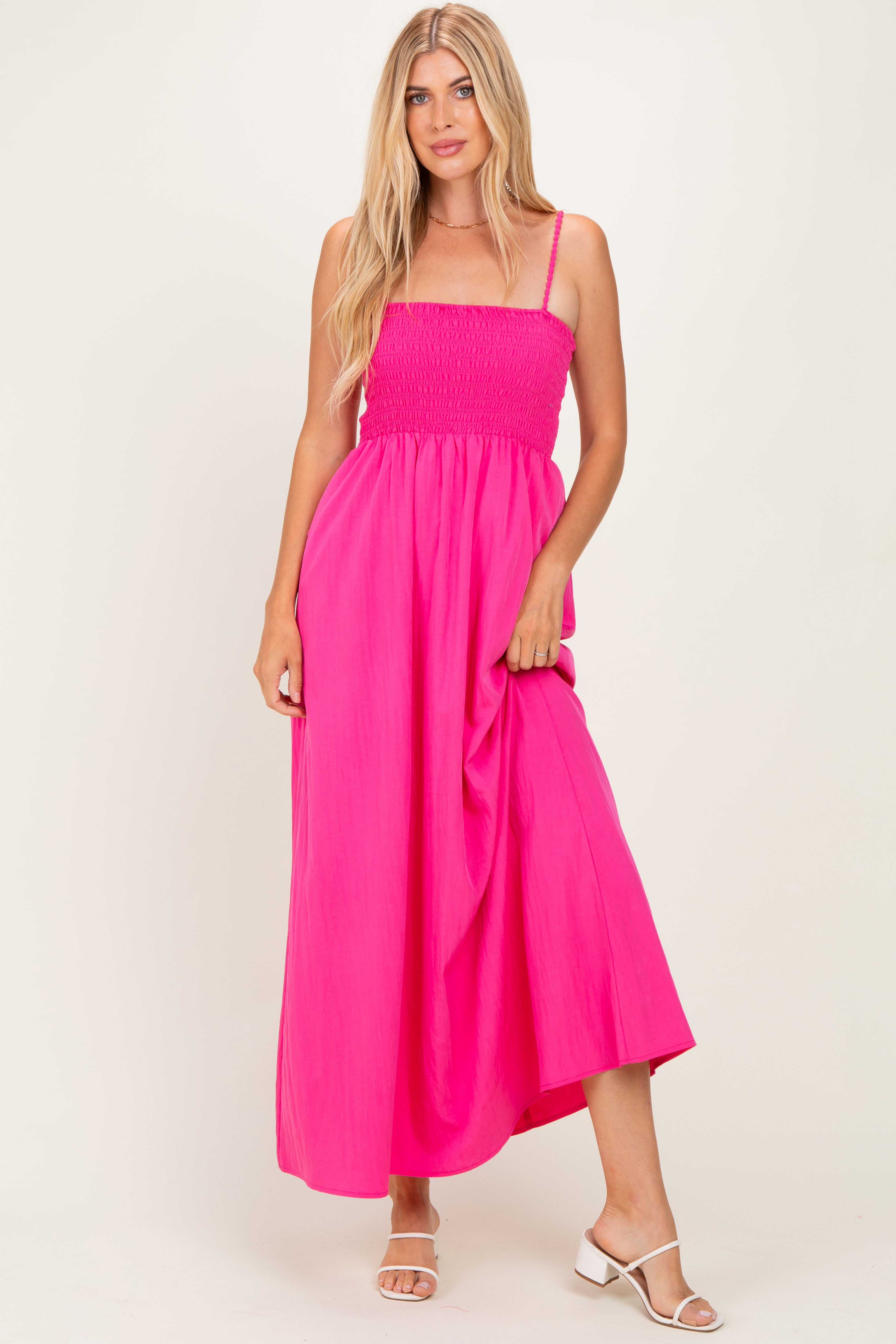 maxi dress with pom poms Hot Pink Pom Strap Smocked Product colors may vary Amish Handcrafted Old Classic 60s fringe dress Size:6 Girls