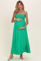 Green Pom Pom Strap Smocked Maternity Maxi Dress