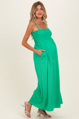 Green Pom Pom Strap Smocked Maternity Maxi Dress